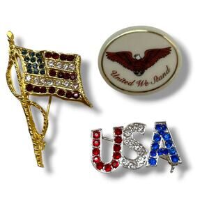 Lot of 3 Assorted USA America Brooch Pins Flag Lenox Eagle United We Stand